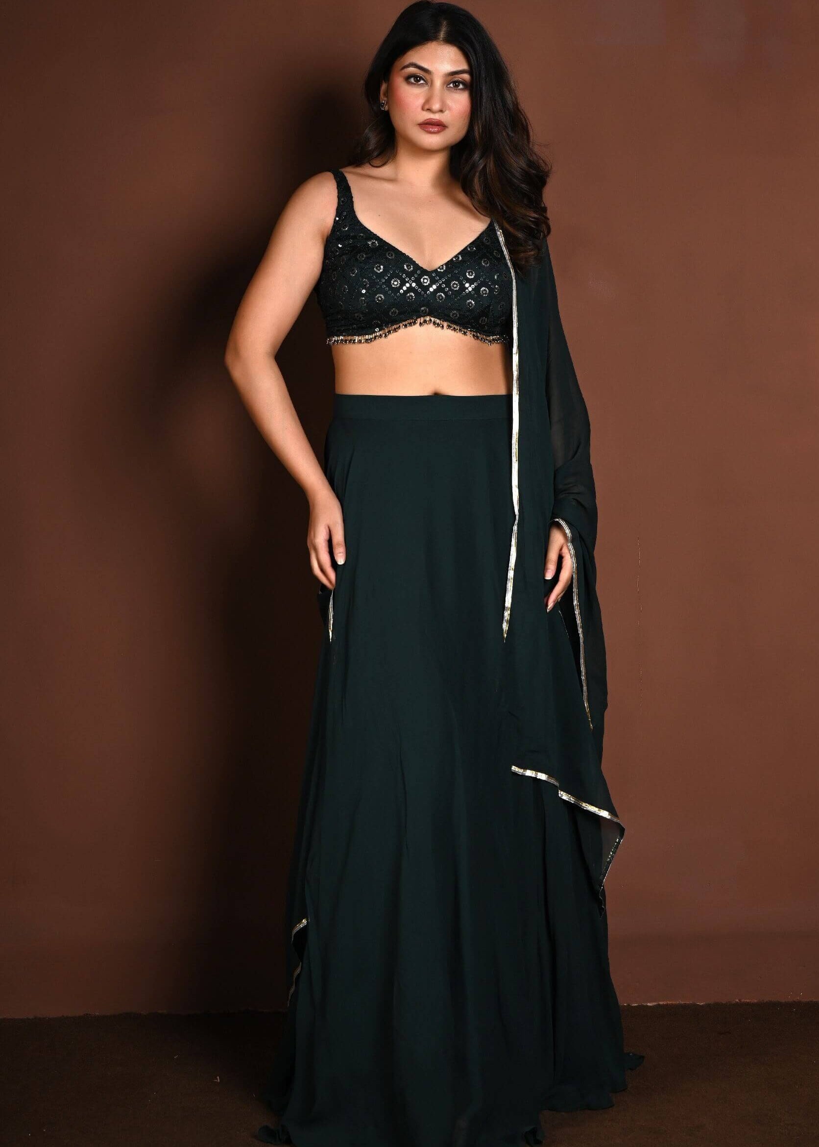 Dark Green Embroidered Lehenga Set in Georgette with Matching Dupatta - Anvi Couture