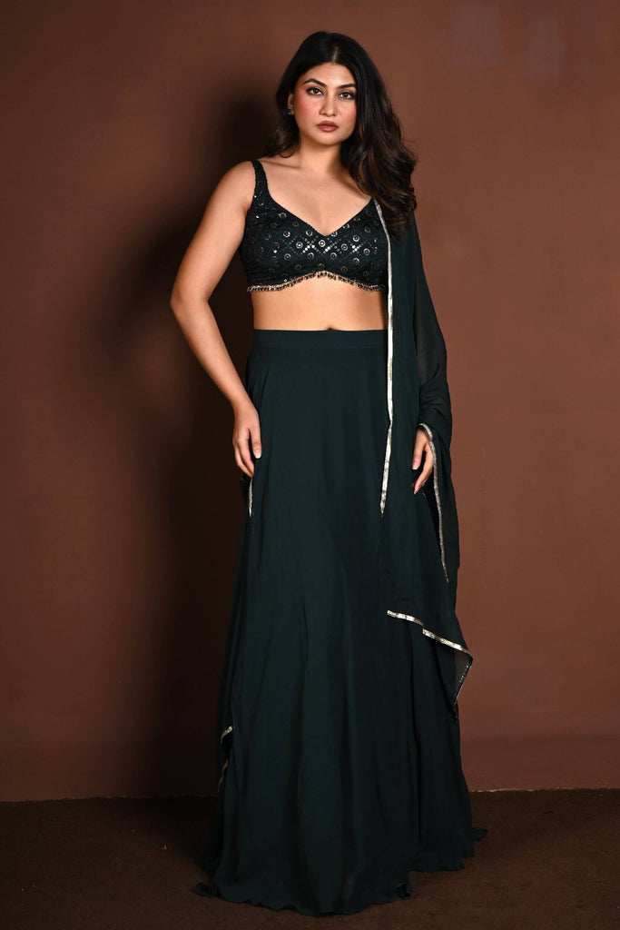 Dark Green Embroidered Lehenga Set in Georgette with Matching Dupatta