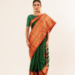 Dark Green Pure Mangalagiri Handloom Saree in Orange and Gold Border -Anvi couture