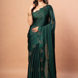 Dark Green Sequin Border Saree in Satin Silk - Anvi Couture