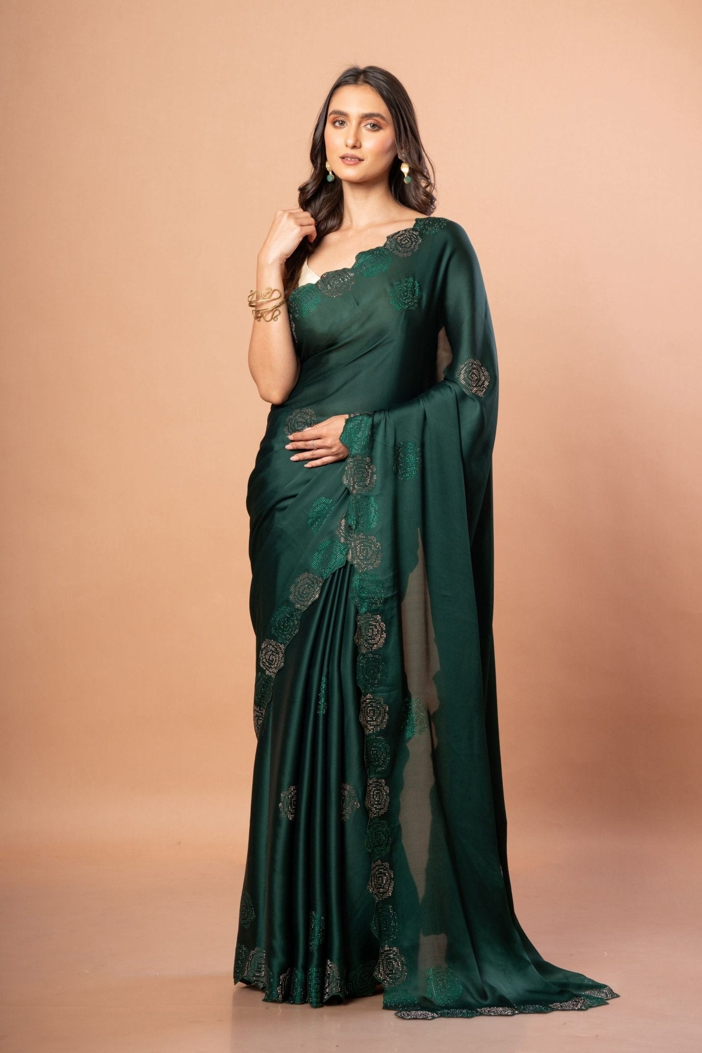Dark Green Sequin Border Saree in Satin Silk - Anvi Couture