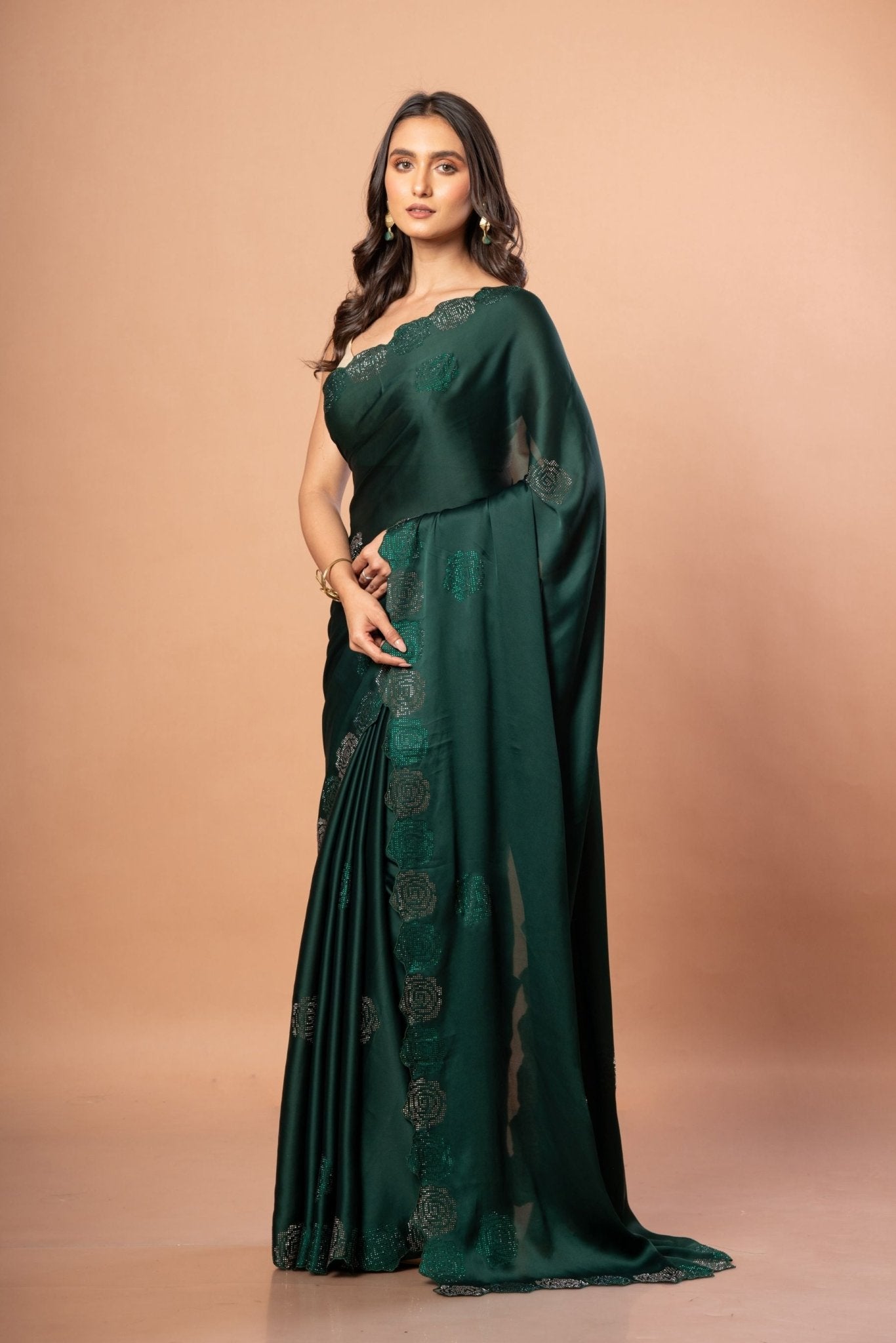 Dark Green Sequin Border Saree in Satin Silk - Anvi Couture