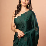 Dark Green Sequin Border Saree in Satin Silk - Anvi Couture
