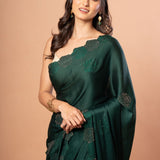Dark Green Sequin Border Saree in Satin Silk - Anvi Couture
