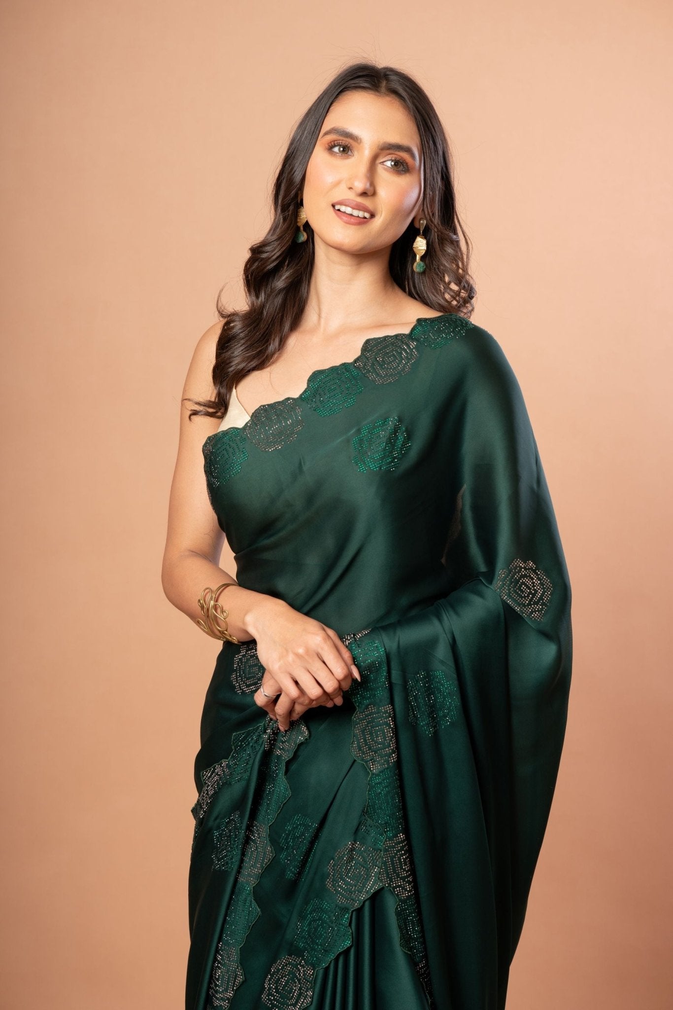 Dark Green Sequin Border Saree in Satin Silk - Anvi Couture