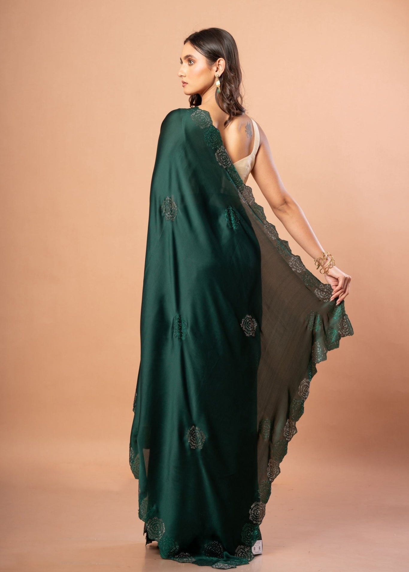 Dark Green Sequin Border Saree in Satin Silk - Anvi Couture