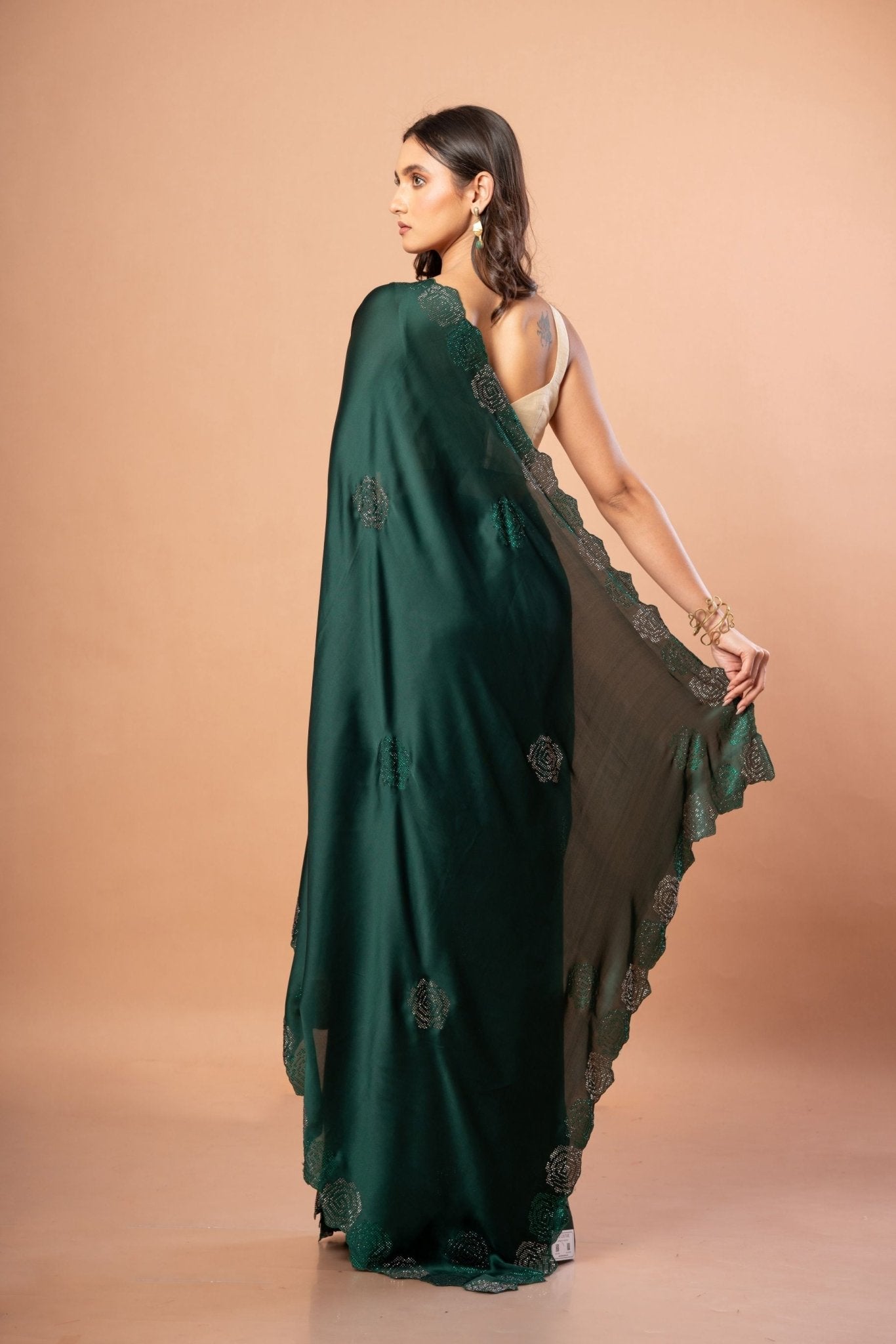 Dark Green Sequin Border Saree in Satin Silk - Anvi Couture