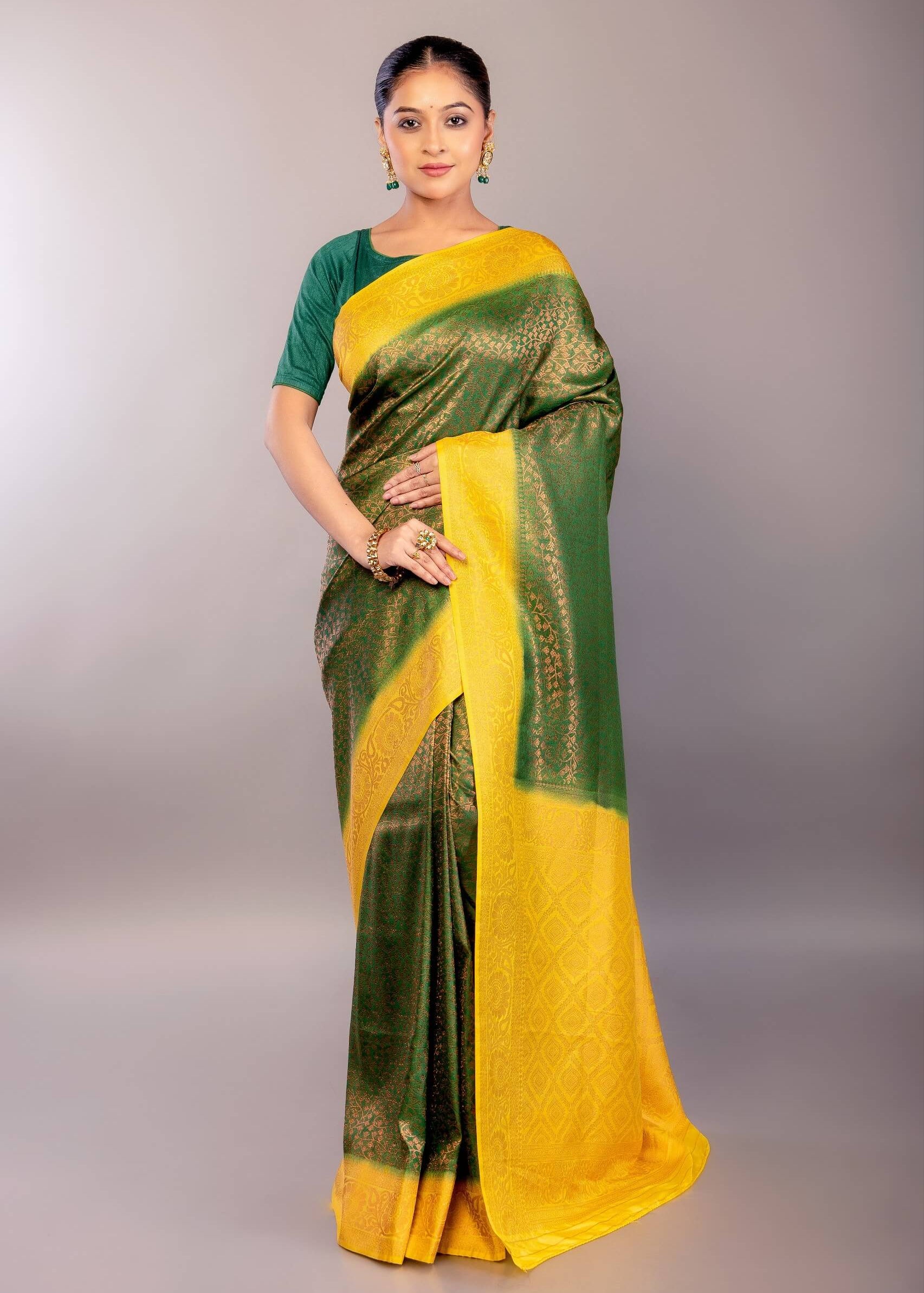 Dark Green South Indian Silk Saree with Contrasting Yellow Border and Pallu - Anvi Couture
