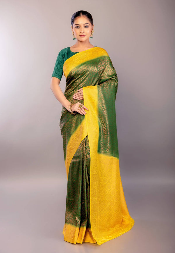 Dark Green South Indian Silk Saree with Contrasting Yellow Border and Pallu – Front View – Anvi Couture