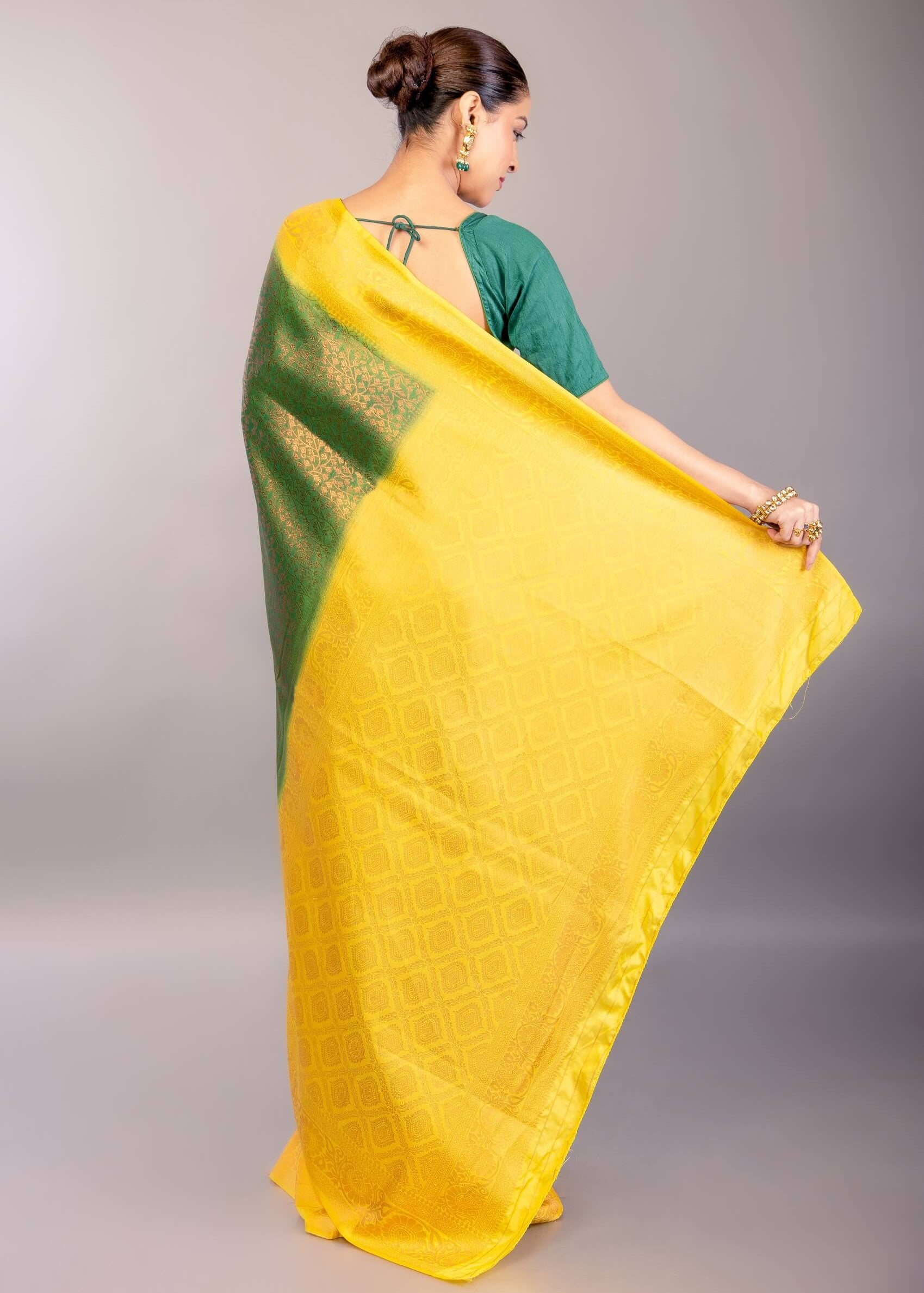 Dark Green South Indian Silk Saree with Contrasting Yellow Border and Pallu - Anvi Couture