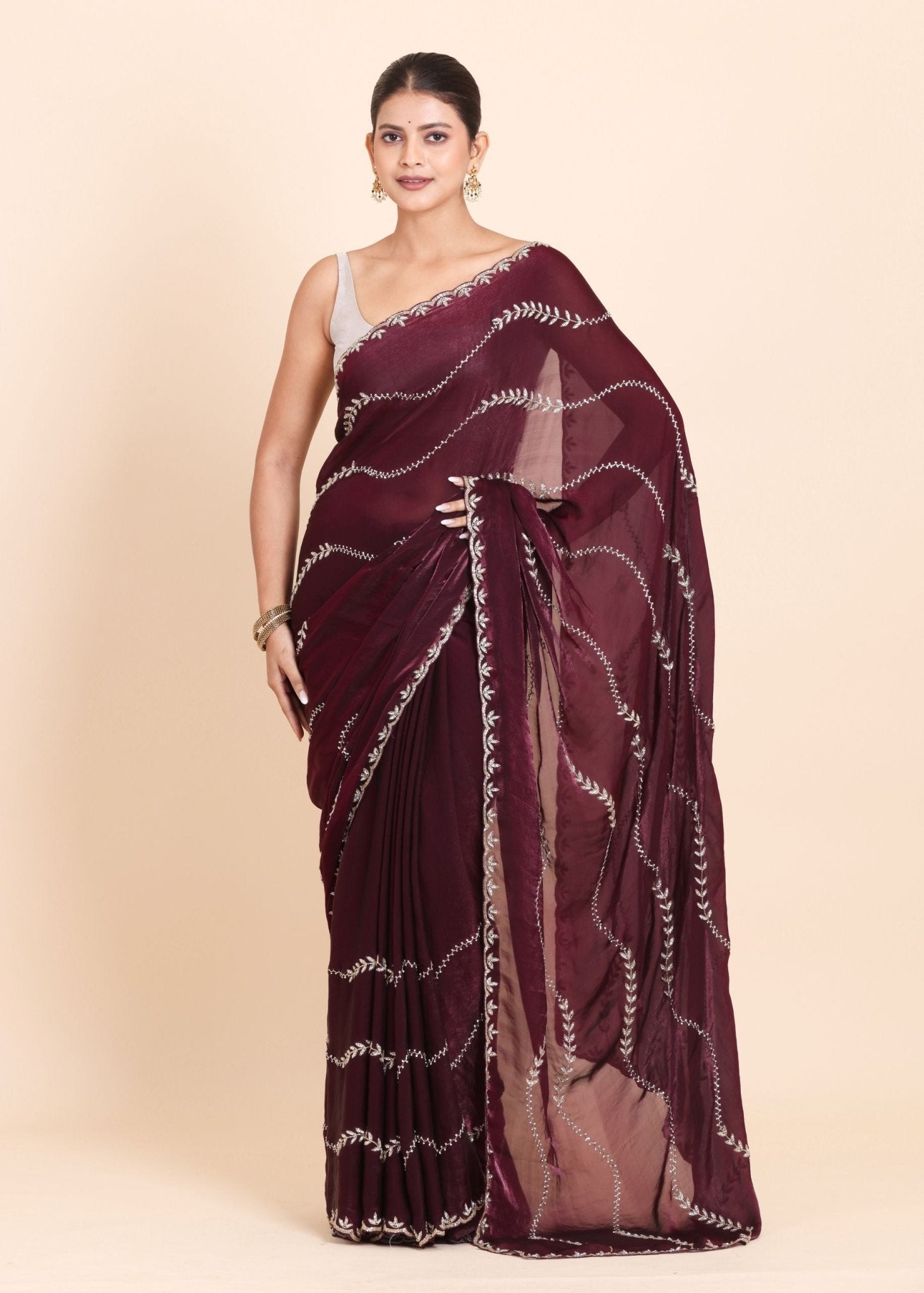 Dark Maroon Tissue Saree with All Over Stone Embellishment - Anvi Couture