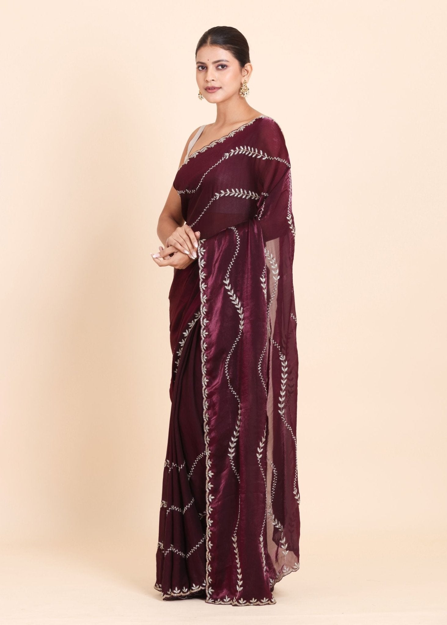 Dark Maroon Tissue Saree with All Over Stone Embellishment - Anvi Couture