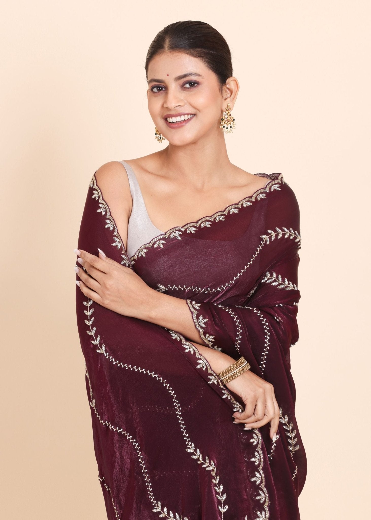 Dark Maroon Tissue Saree with All Over Stone Embellishment - Anvi Couture
