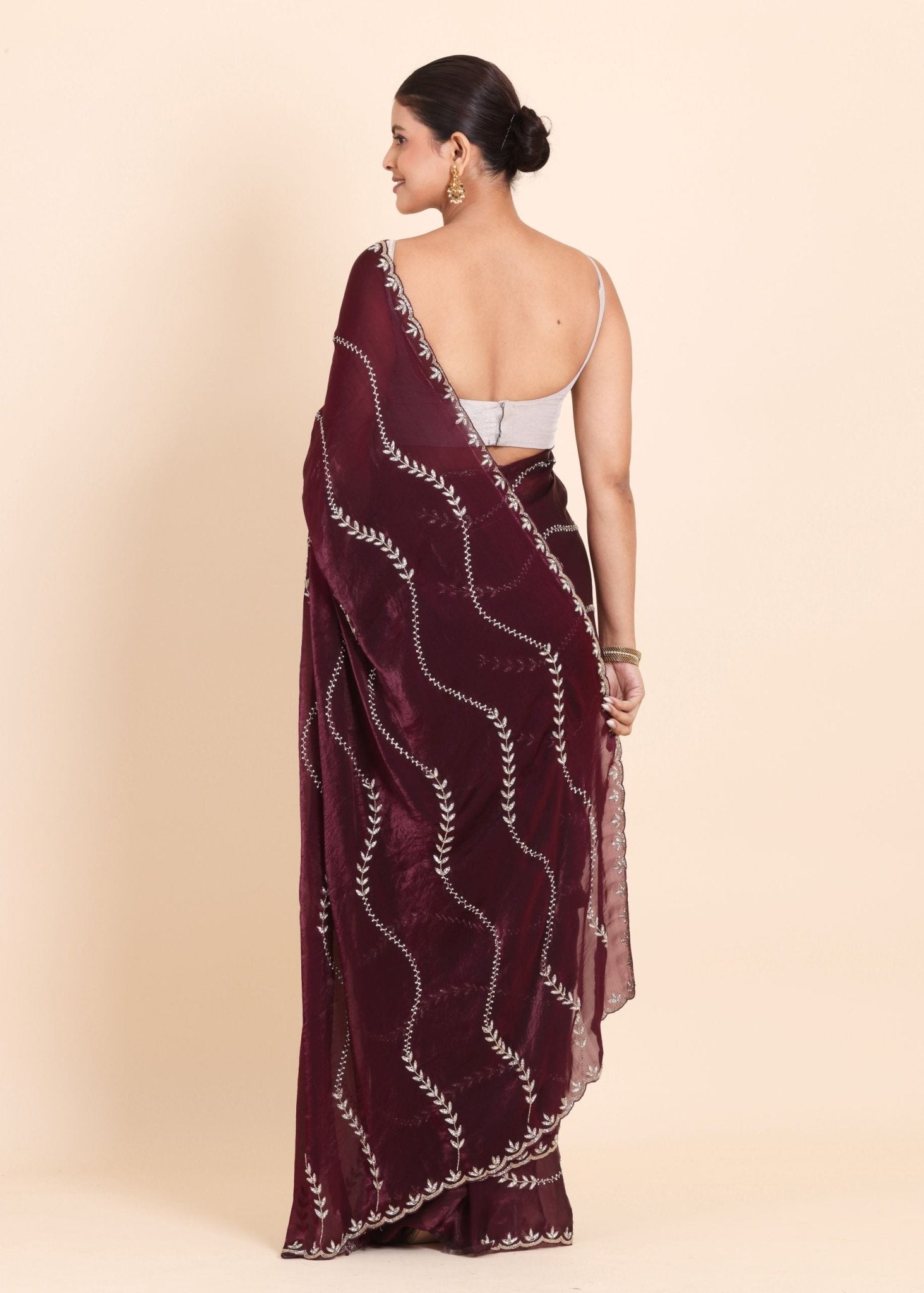 Dark Maroon Tissue Saree with All Over Stone Embellishment - Anvi Couture