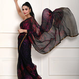 Dark Navy Blue Chiffon Saree – draped side profile view