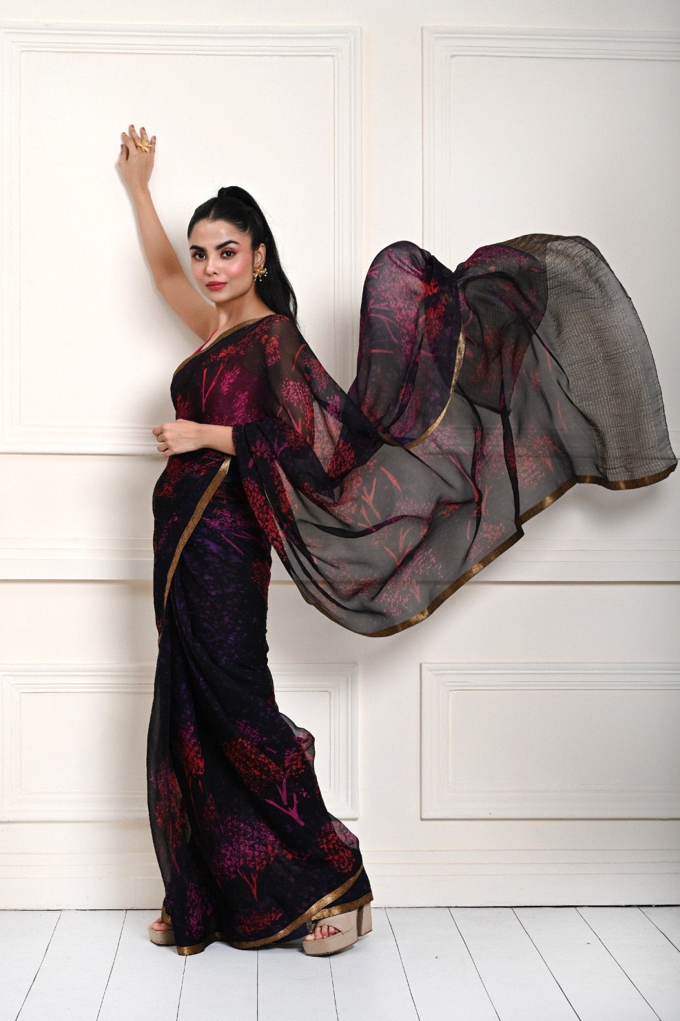 Dark Navy Blue Chiffon Saree – draped side profile view