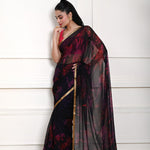Dark Navy Blue Chiffon Saree – pallu and print detail view