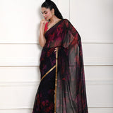 Dark Navy Blue Chiffon Saree – pallu and print detail view