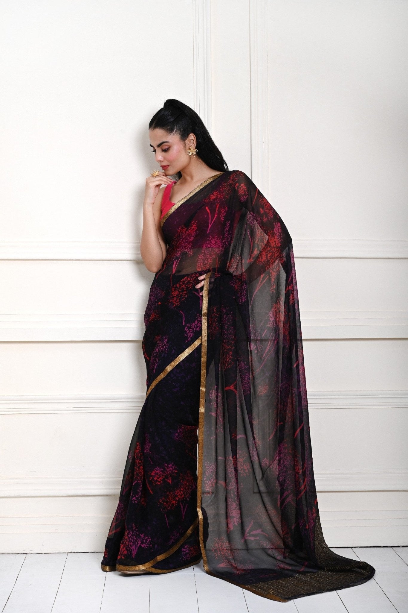 Dark Navy Blue Chiffon Saree – pallu and print detail view