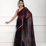 Dark Navy Blue Printed Chiffon Saree – full front drape view