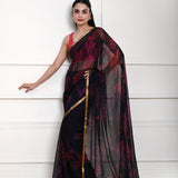 Dark Navy Blue Printed Chiffon Saree – full front drape view