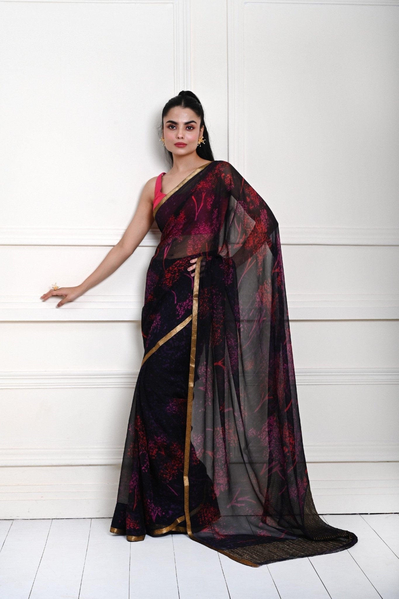 Dark Navy Blue Printed Chiffon Saree – full front drape view