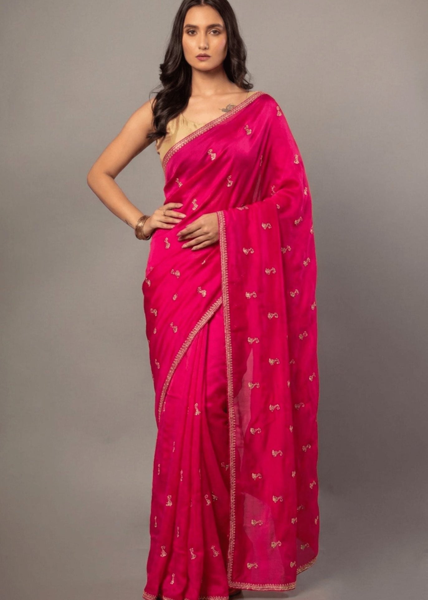 Dark Pink All over Cutdana Embroidered Silk Organza Saree - Anvi Couture