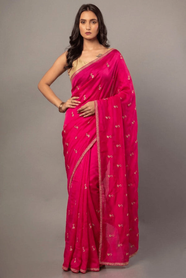 Dark Pink All over Cutdana Embroidered Silk Organza Saree - Anvi Couture