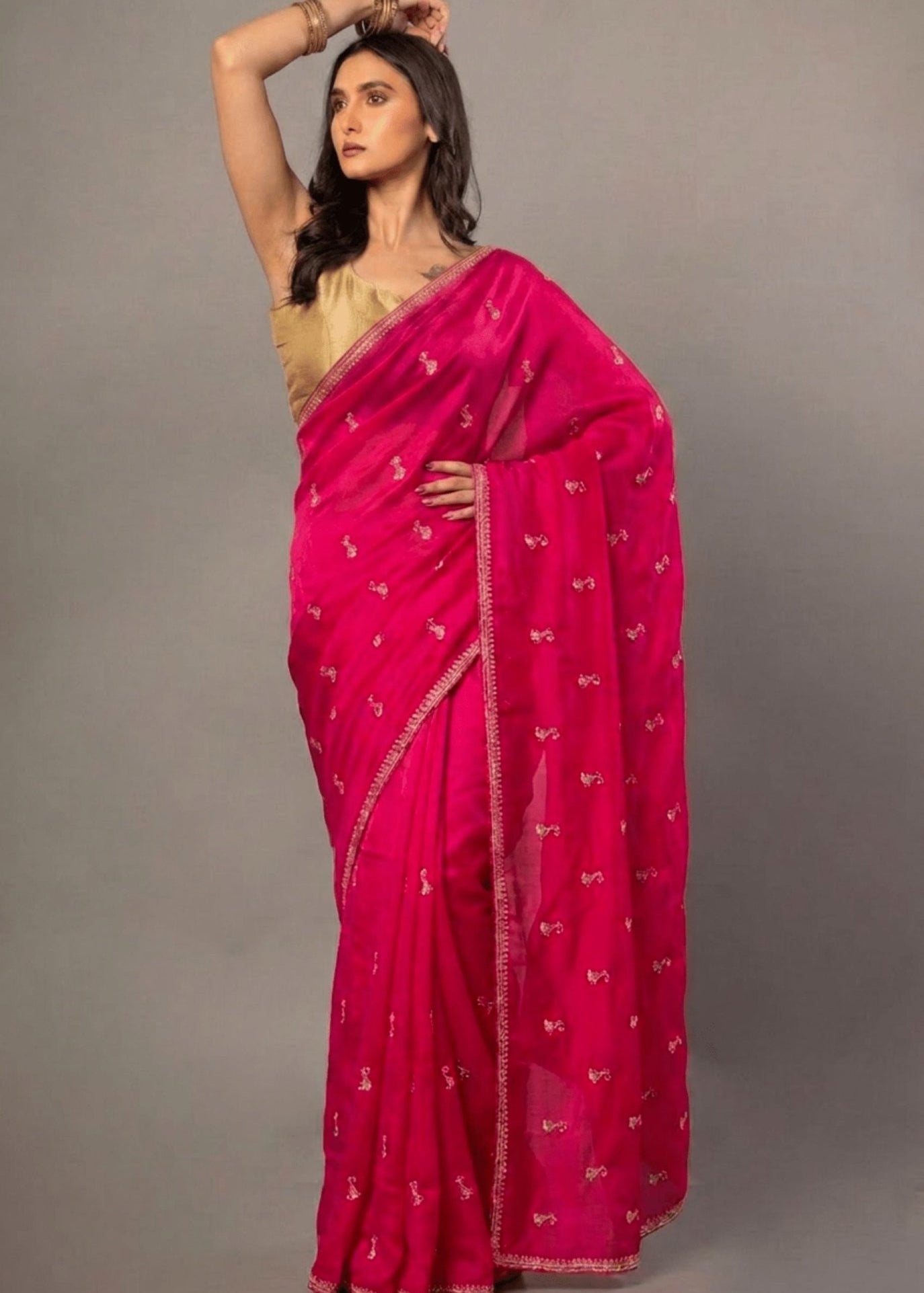 Dark Pink All over Cutdana Embroidered Silk Organza Saree - Anvi Couture