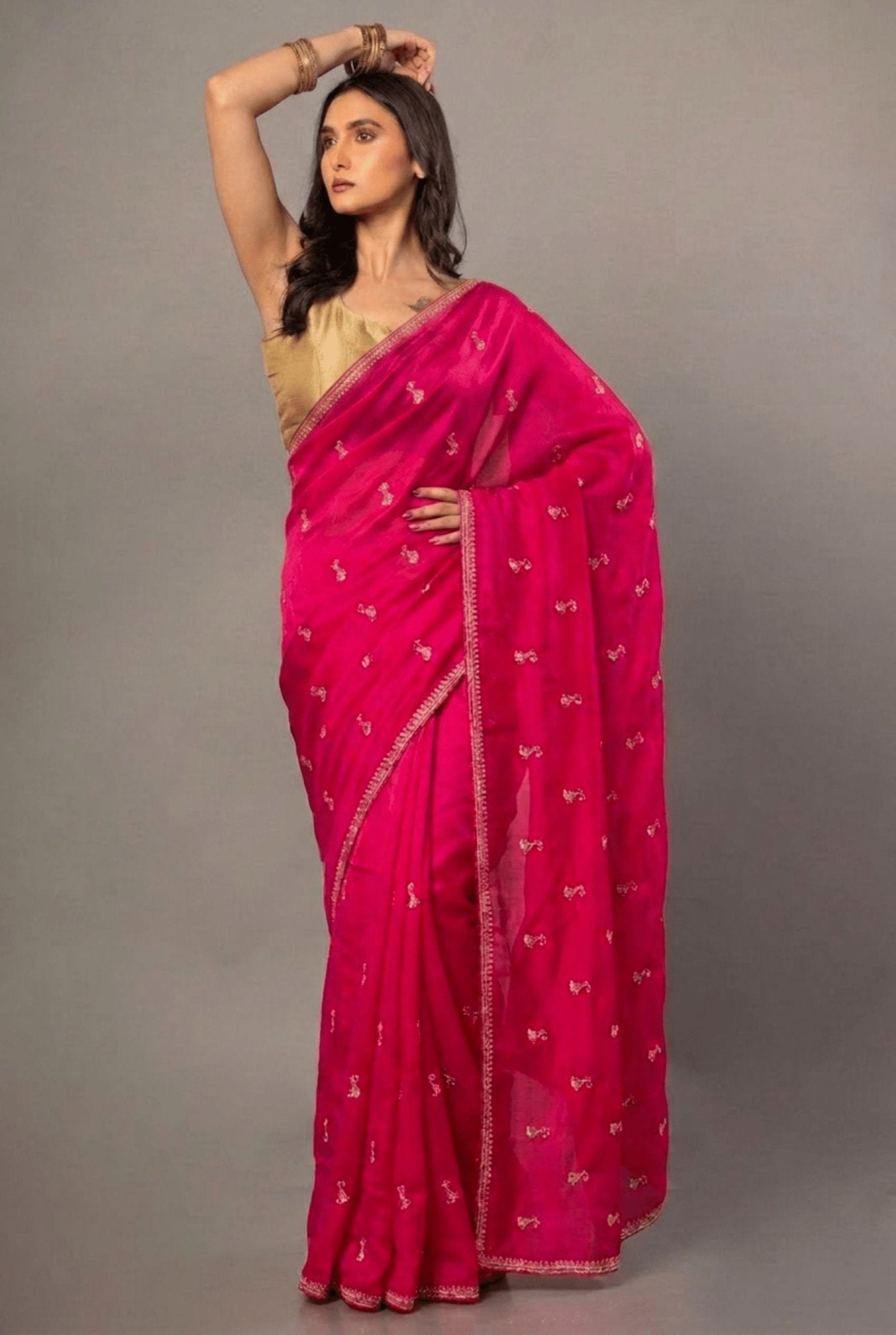 Dark Pink All over Cutdana Embroidered Silk Organza Saree - Anvi Couture