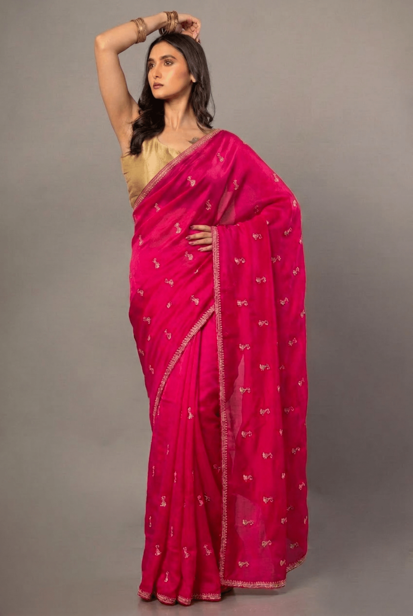 Dark Pink All over Cutdana Embroidered Silk Organza Saree - Front 2
