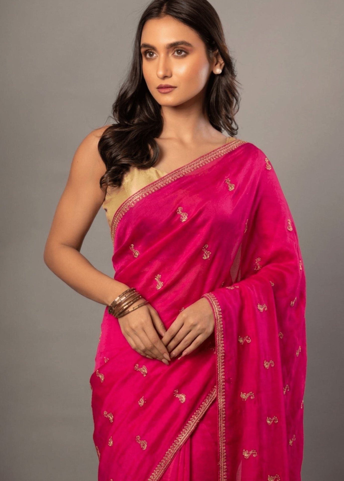 Dark Pink All over Cutdana Embroidered Silk Organza Saree - Anvi Couture