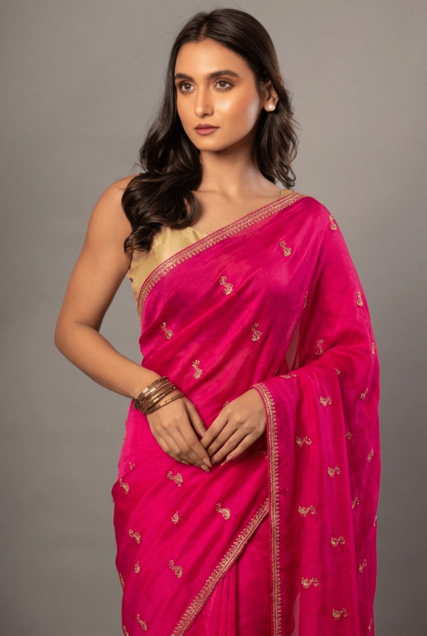 Dark Pink All over Cutdana Embroidered Silk Organza Saree - Anvi Couture