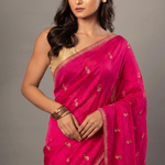 Dark Pink All over Cutdana Embroidered Silk Organza Saree - Close