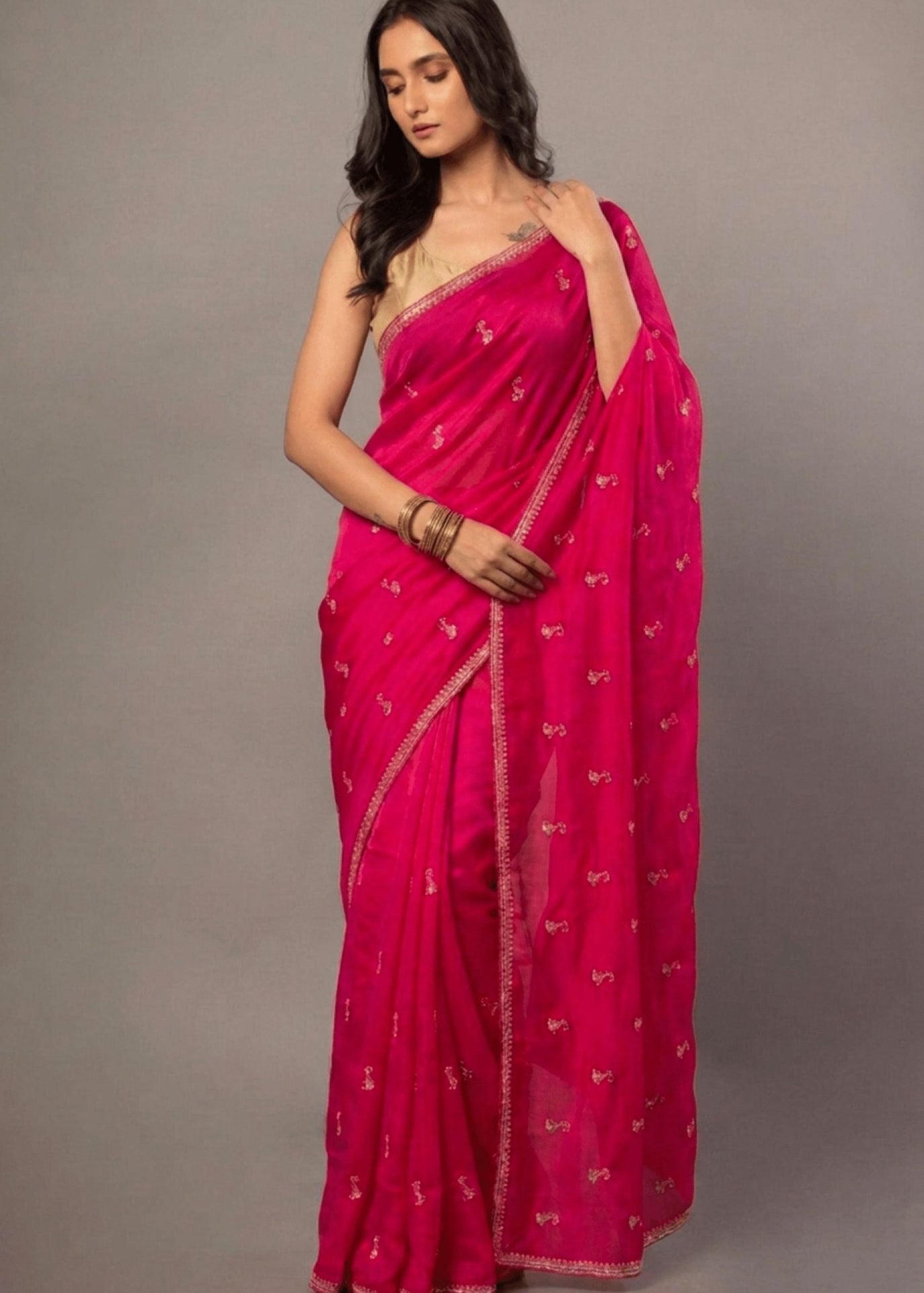 Dark Pink All over Cutdana Embroidered Silk Organza Saree - Anvi Couture