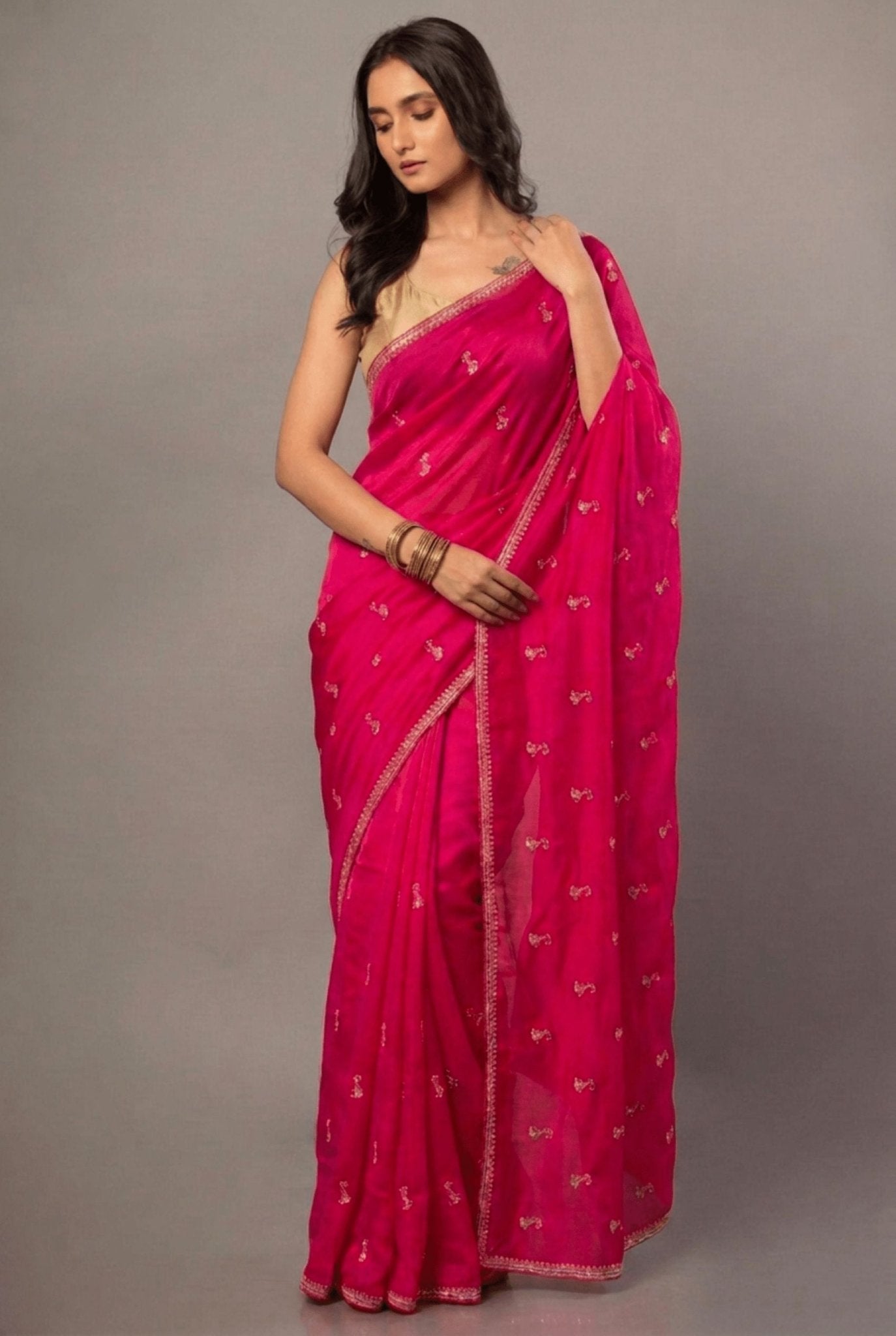 Dark Pink All over Cutdana Embroidered Silk Organza Saree - Anvi Couture