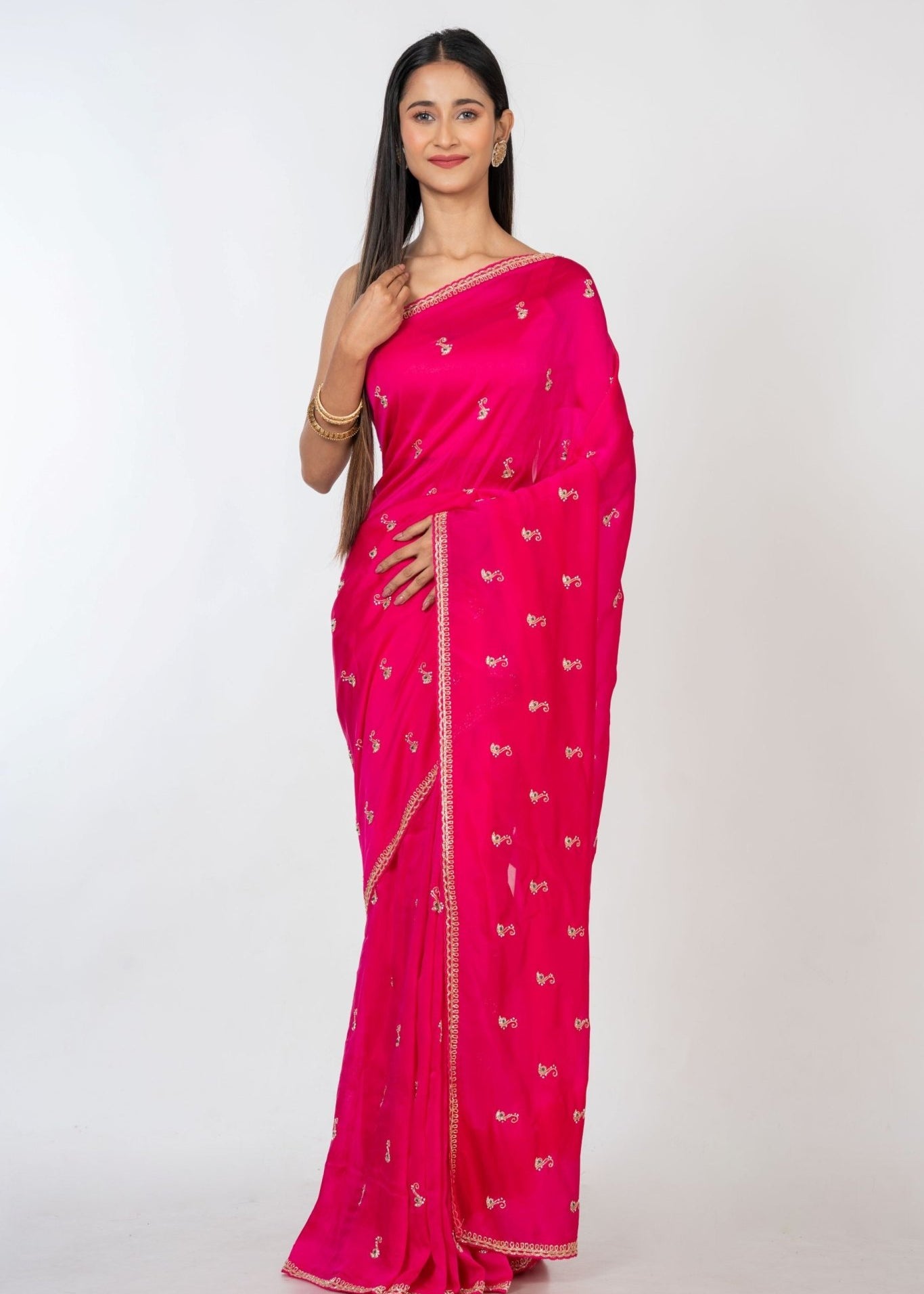 Dark Pink All over Cutdana Embroidered Silk Organza Saree - Anvi Couture