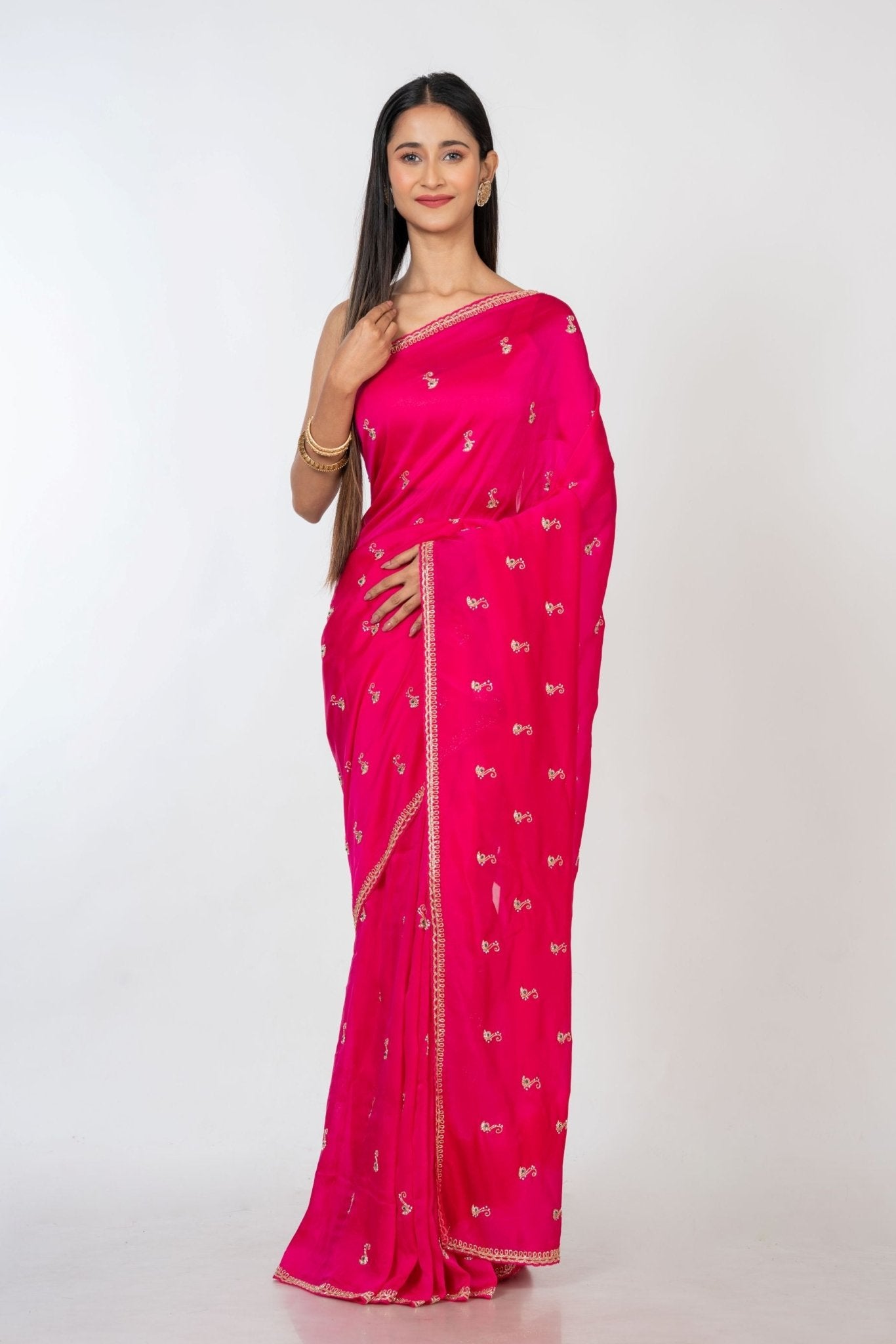 Dark Pink All over Cutdana Embroidered Silk Organza Saree Full
