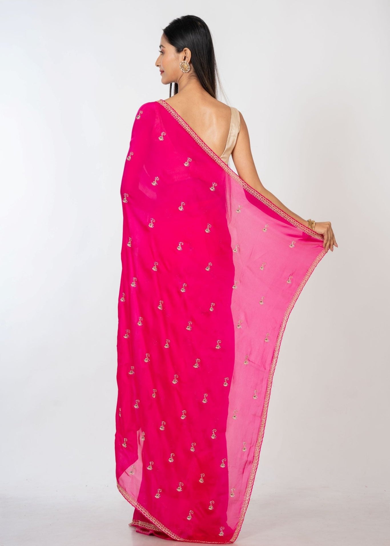 Dark Pink All over Cutdana Embroidered Silk Organza Saree - Anvi Couture