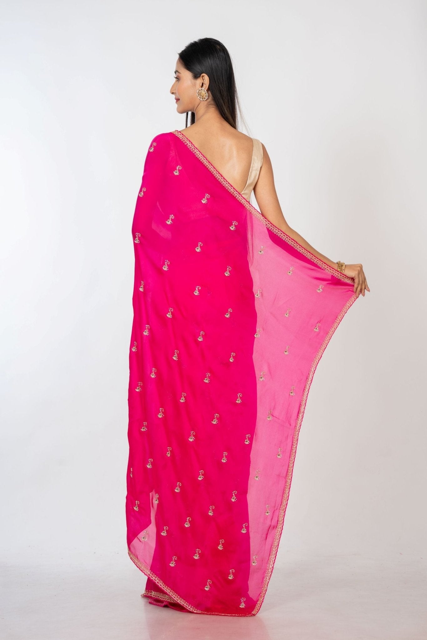 Dark Pink All over Cutdana Embroidered Silk Organza Saree Back
