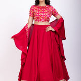 Dark Pink Croptop Lehenga Set with Ruffle Dupatta Full