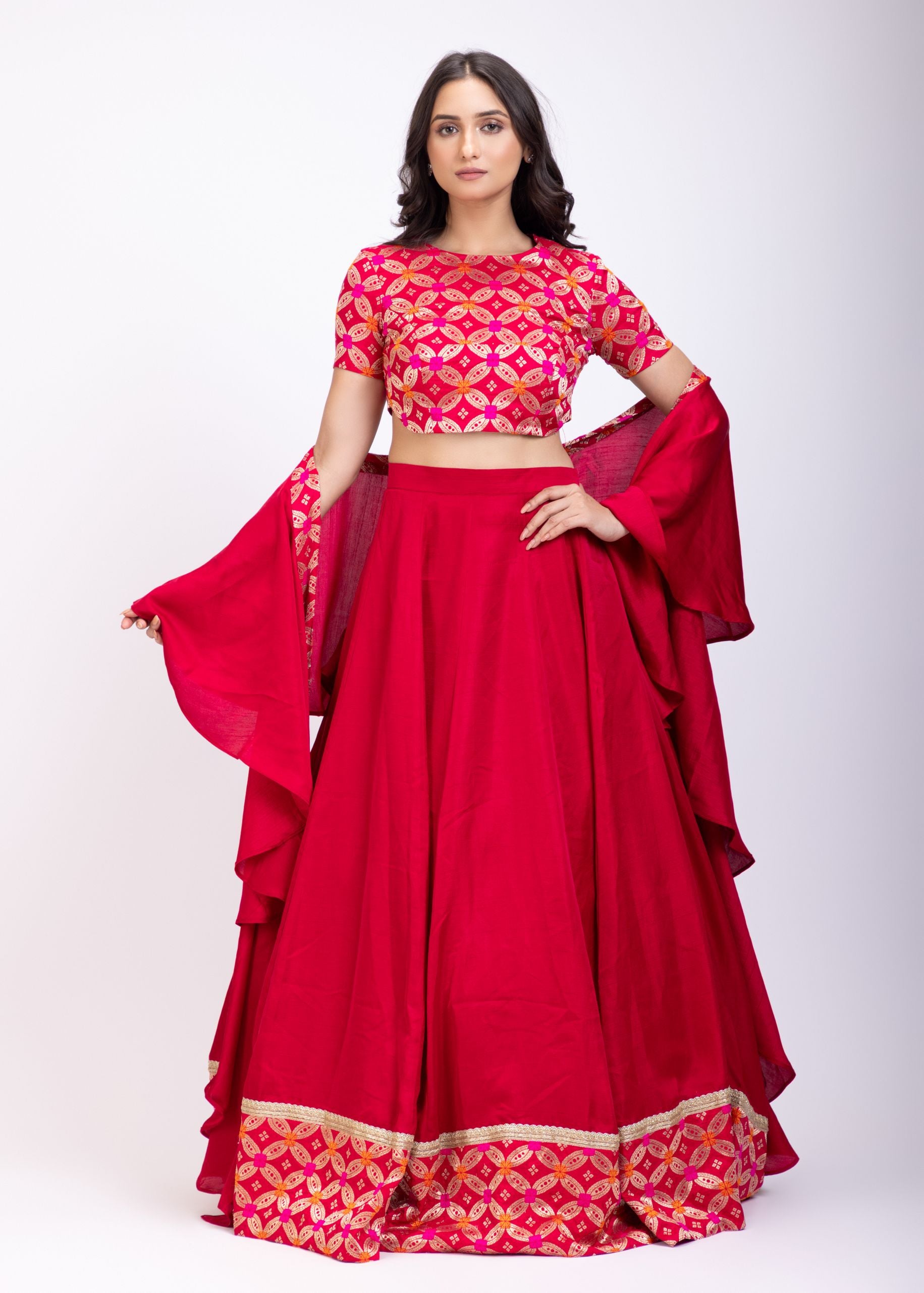 Dark Pink Croptop Lehenga Set with Ruffle Dupatta Full