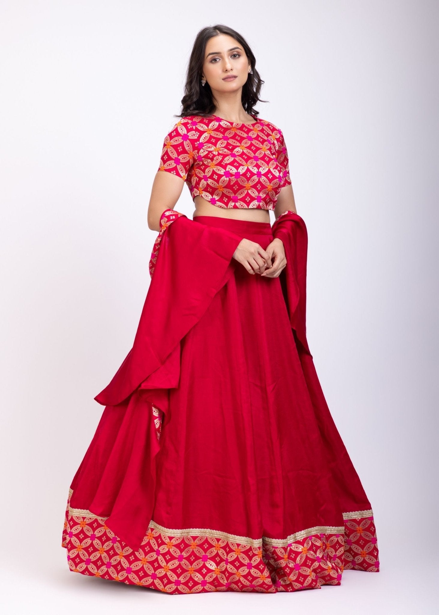 Dark Pink Croptop Lehenga Set with Ruffle Dupatta - Anvi Couture