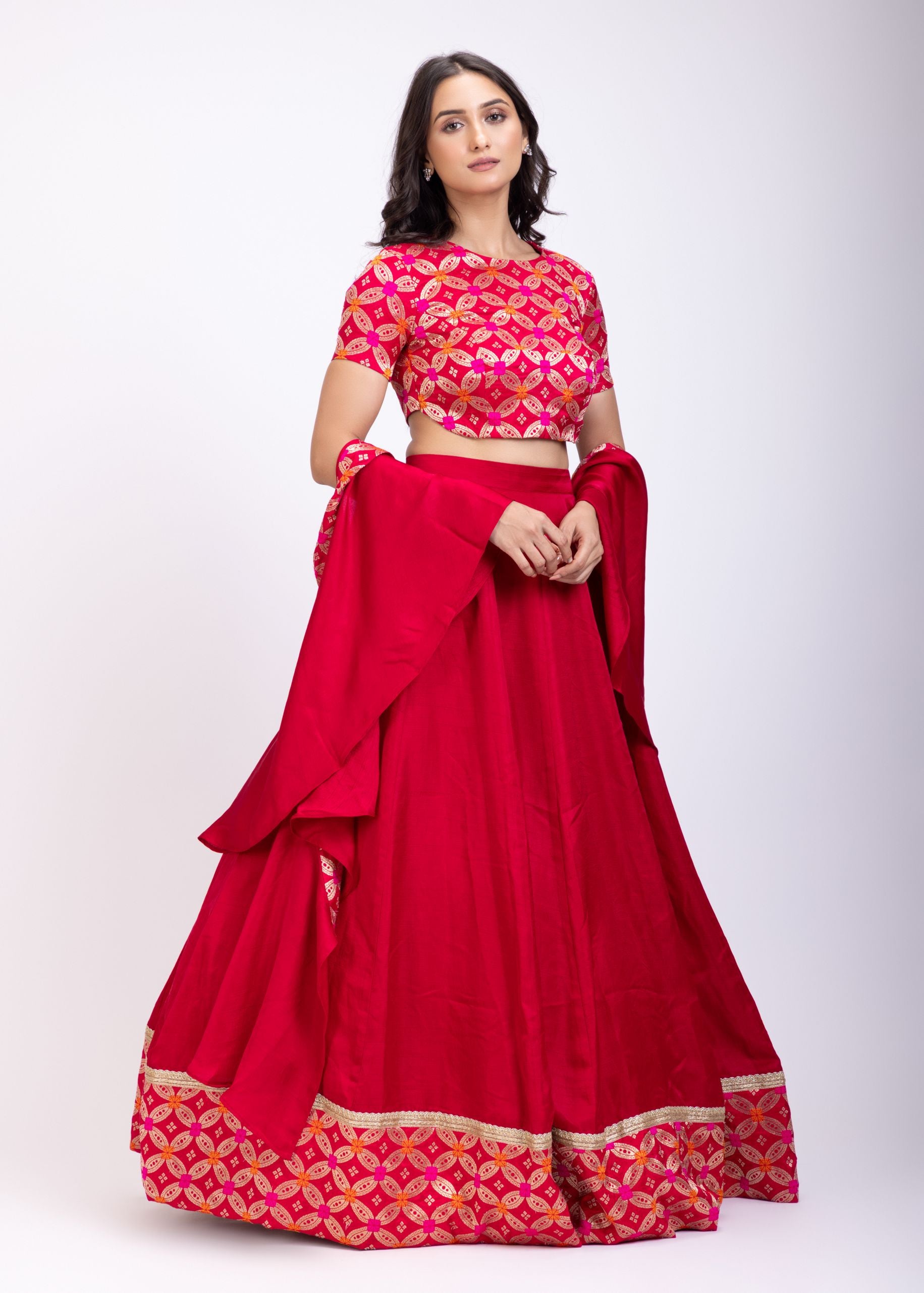 Dark Pink Croptop Lehenga Set with Ruffle Dupatta Side