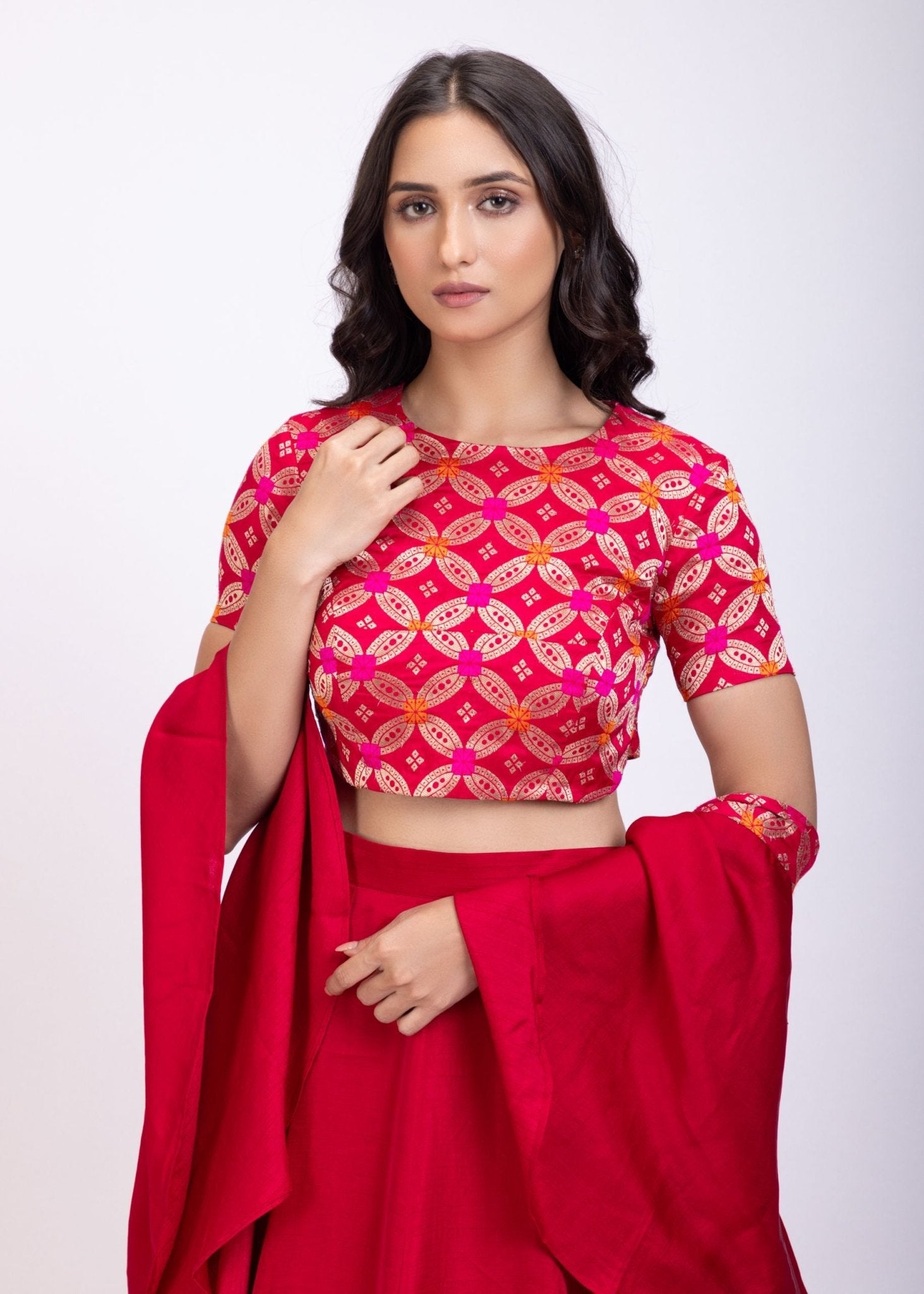 Dark Pink Croptop Lehenga Set with Ruffle Dupatta - Anvi Couture