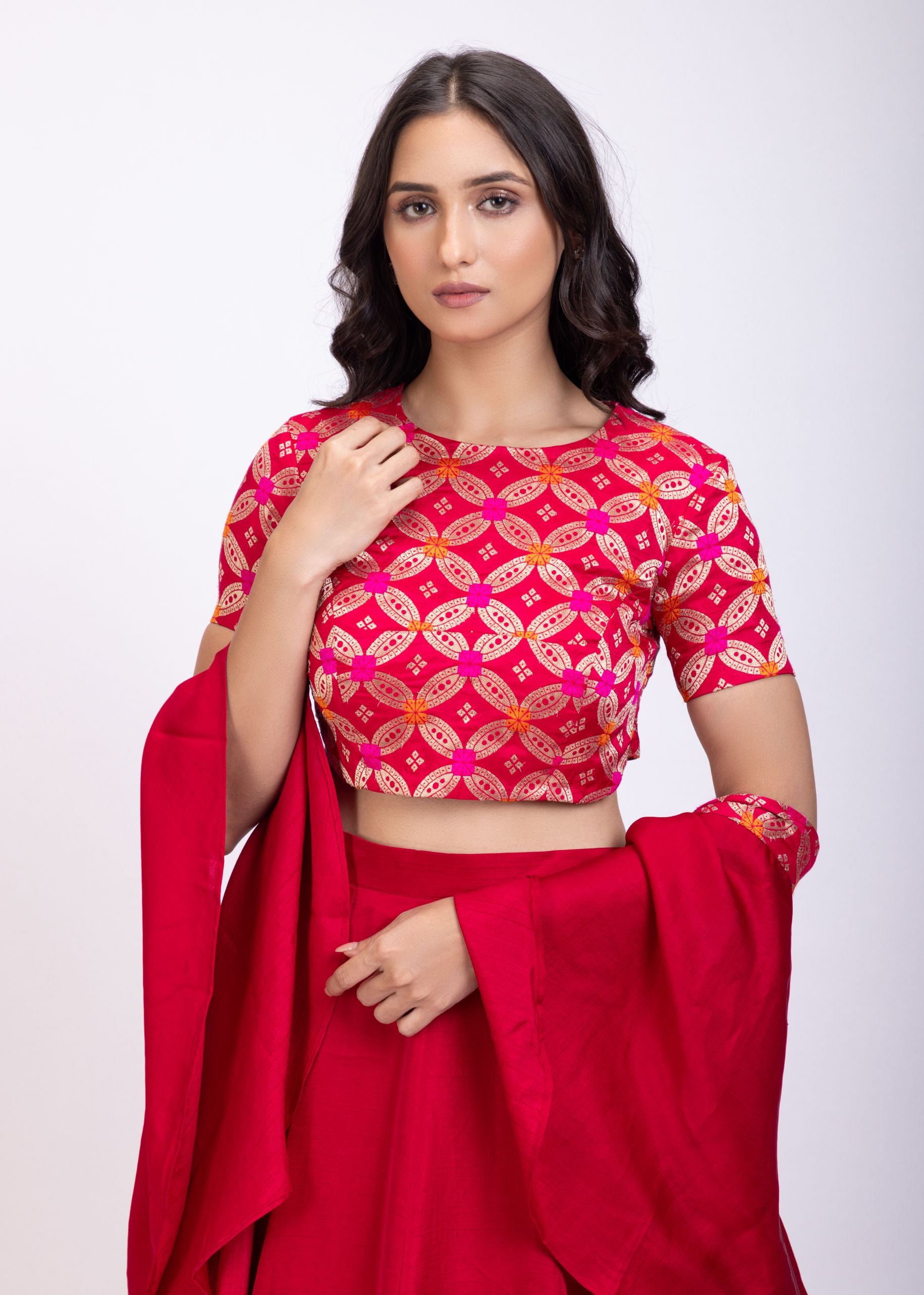Dark Pink Croptop Lehenga Set with Ruffle Dupatta Close Up