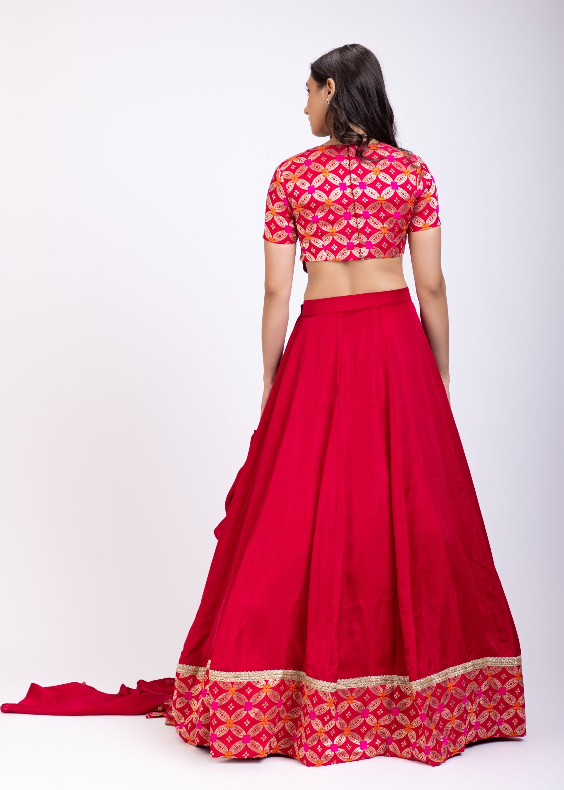 Dark Pink Croptop Lehenga Set with Ruffle Dupatta Back