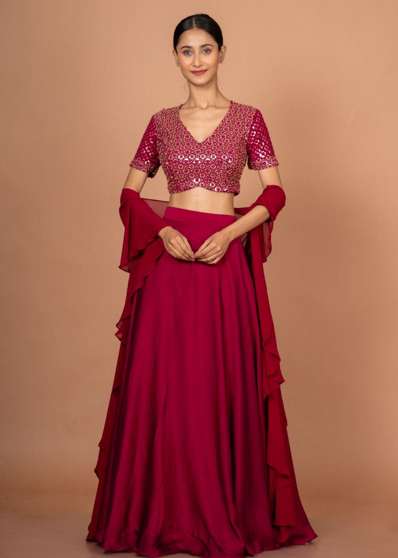Dark Pink Designer Mirror Work Lehenga - Anvi Couture