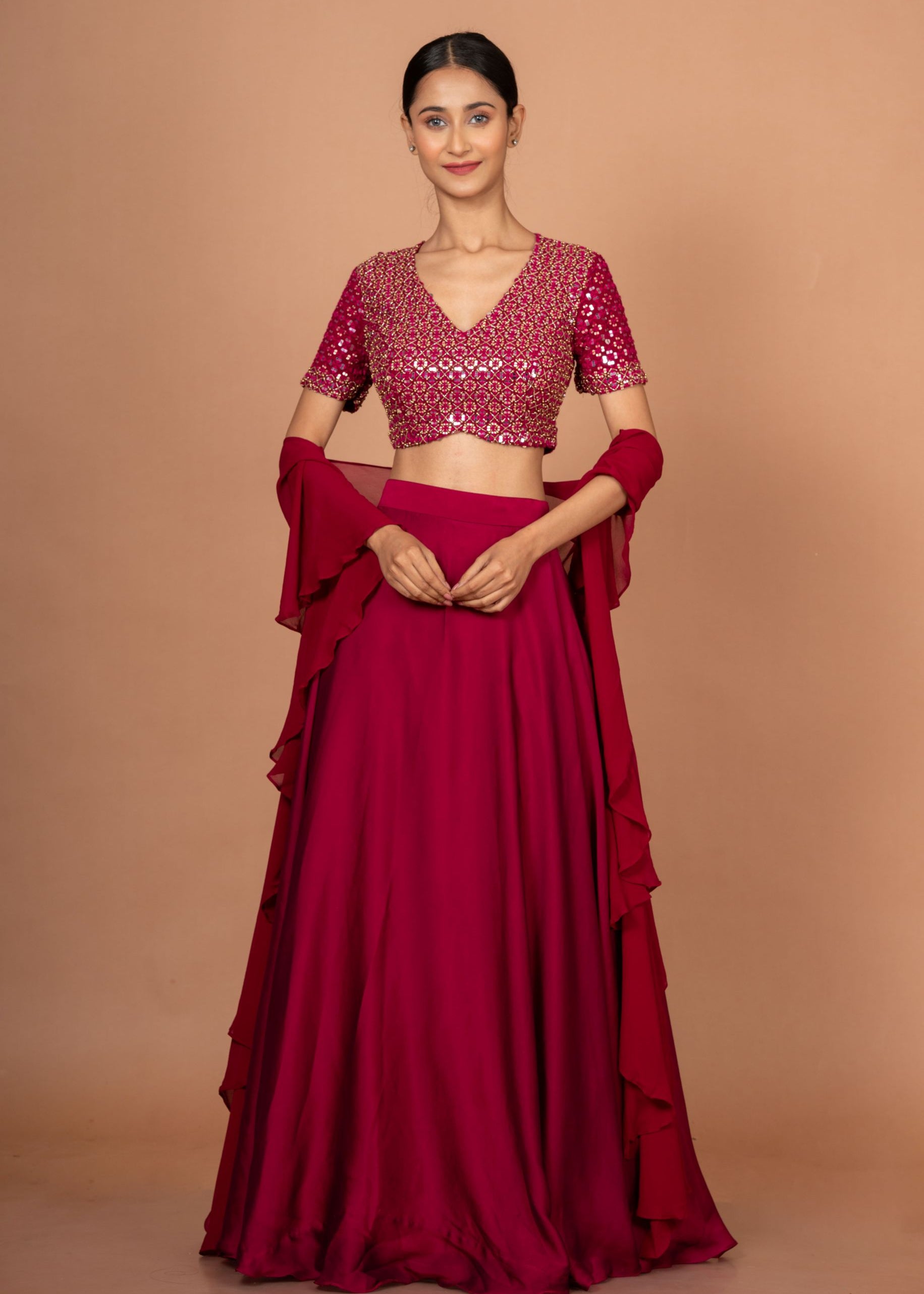 Dark Pink Designer Mirror Work Lehenga Full
