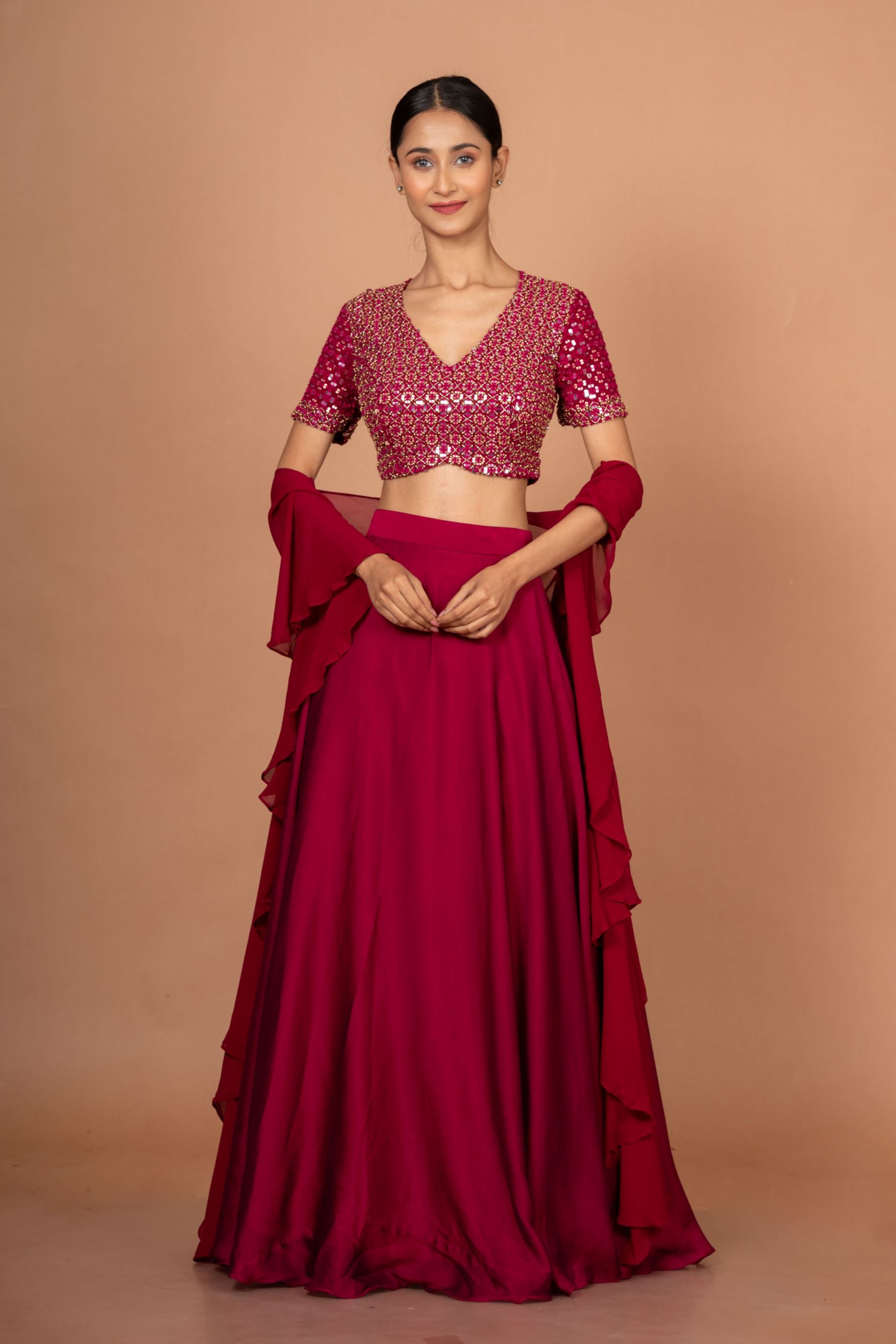 Dark Pink Designer Mirror Work Lehenga Full
